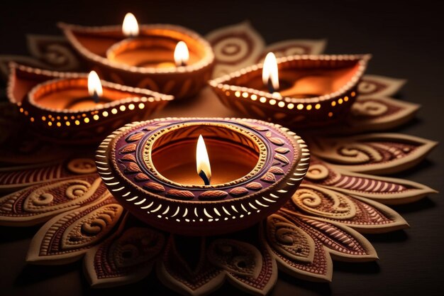 Happy diwali or deepavali traditional indian festival with clay diya oil lamp Indian hindu festival