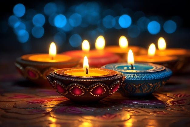 Happy diwali or deepavali traditional indian festival with clay diya oil lamp Indian hindu festival