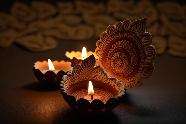 Happy diwali or deepavali traditional indian festival with clay diya oil lamp Indian hindu festival