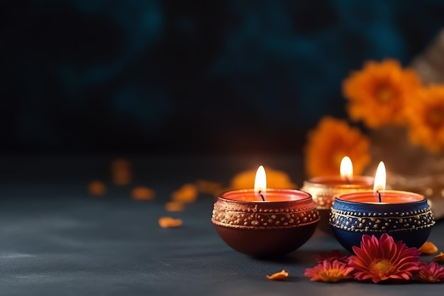 Happy diwali or deepavali traditional indian festival with clay diya oil lamp Indian hindu festival