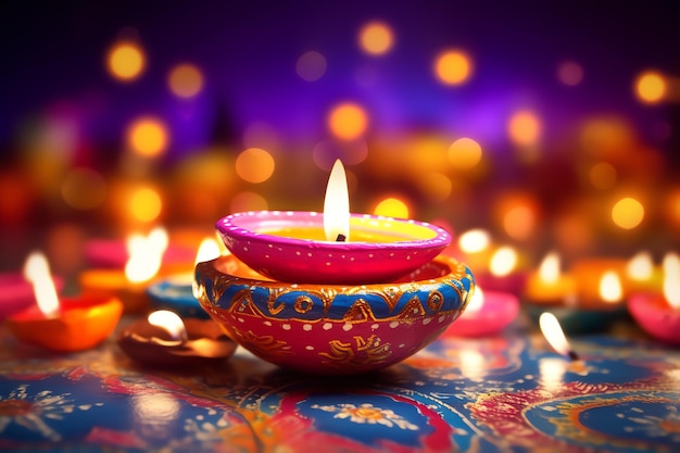 Happy diwali or deepavali traditional indian festival with clay diya oil lamp Indian hindu festival