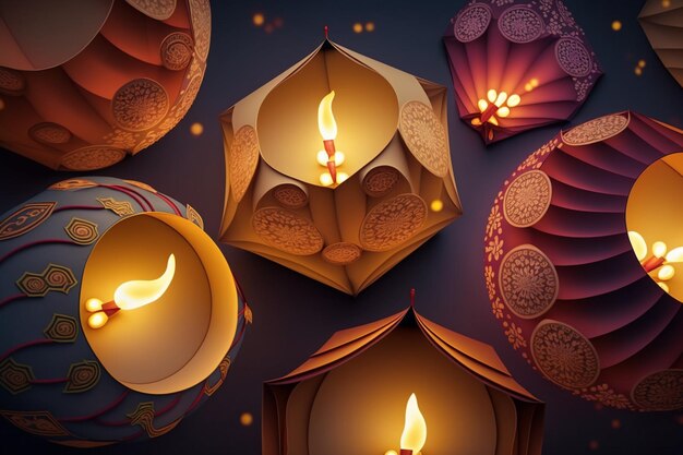 Happy diwali or deepavali traditional indian festival with lamp or sky lantern indian hindu festival