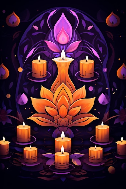 Happy diwali design with flowers and light candles on purple background