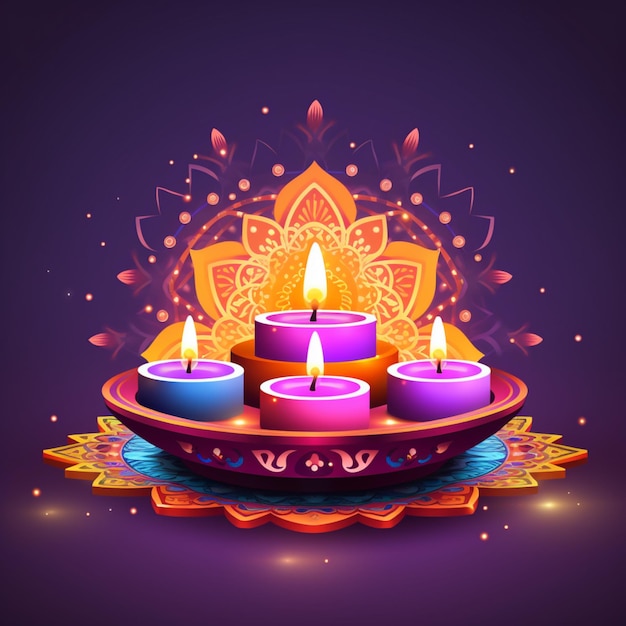 Happy diwali design with light candles and purple background