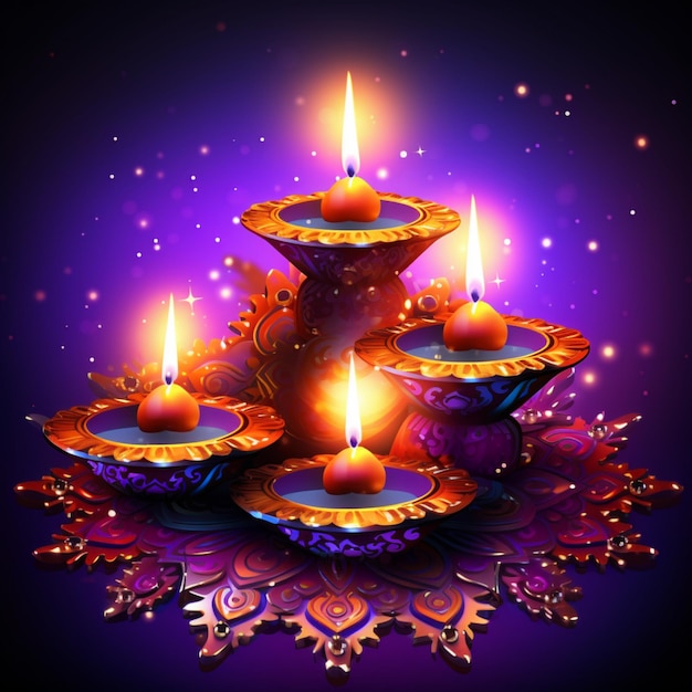 Happy diwali design with light candles and purple background