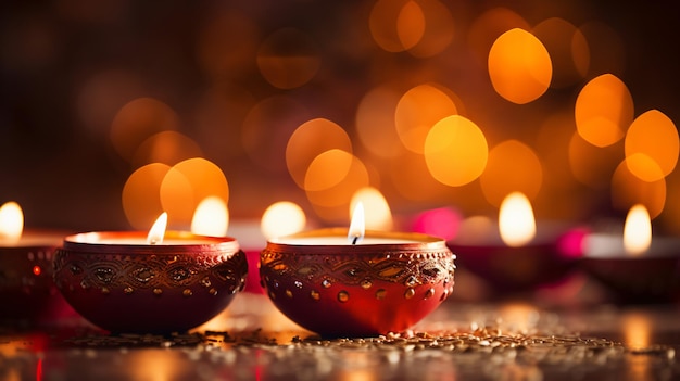 해피 디왈리 디야(Happy Diwali Diya) 램프가 어두운 보케(bokeh) 빛을 밝혔습니다.