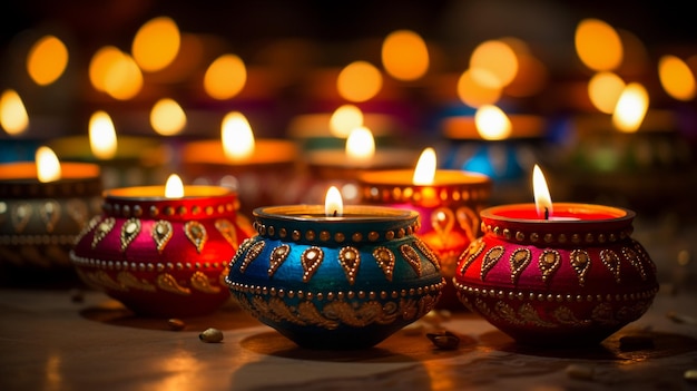 Happy Diwali Diya lamps lit during Diwali celebrate