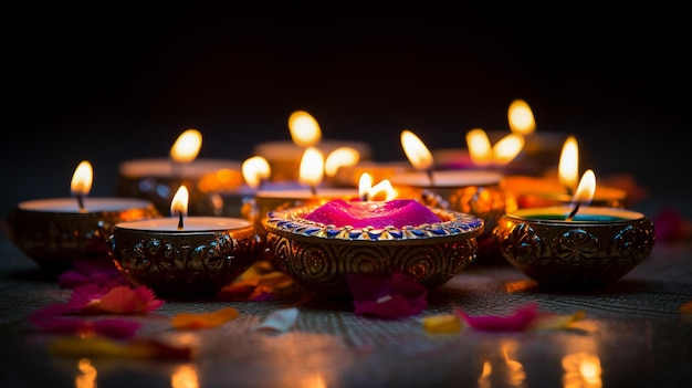 Happy Diwali Diya lamps lit during Diwali celebrate