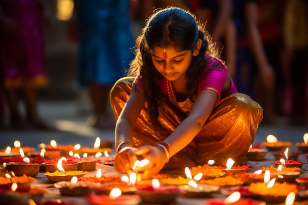 Лампы Happy Diwali Diya зажжены во время празднования Дивали