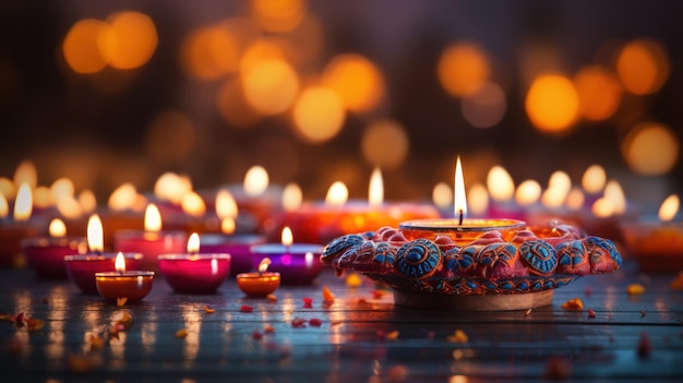 Foto felice festival di diwali con lampada a olio diya e mandala floreale festa tradizionale indiana