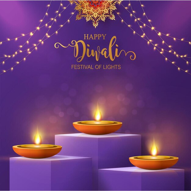 Happy diwali festival greeting with diya oil lamps decoration