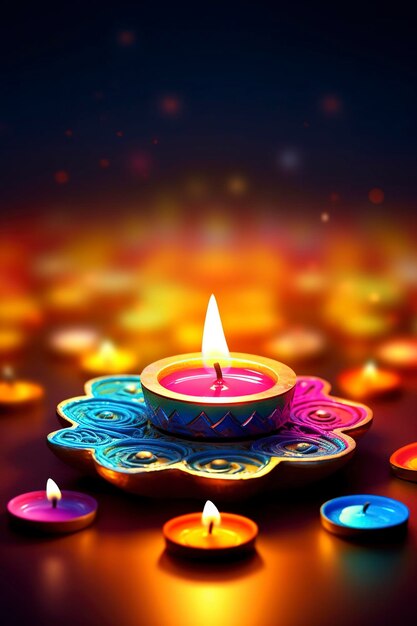 Foto happy diwali festival di luci sfondo colorato con lampada decorativa diya e rangoli