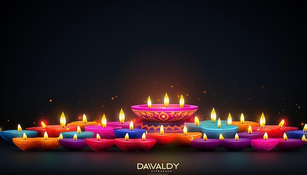 Foto buona festa di diwali delle luci colorato design del modello del banner con lampada decorativa diya
