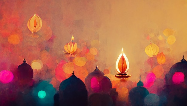 Photo happy diwali festival of lights holiday background illustration design digital art style