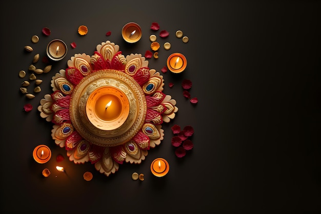 Foto happy diwali festival delle luci con spazio per la copia lampade diya candele banner sfondo sfondo