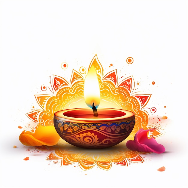 Happy Diwali festival with an oil lamp on white background