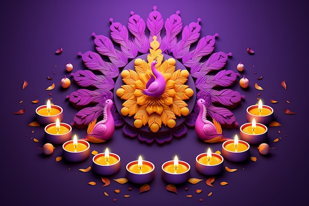 Счастливого фестиваля Дивали с масляными лампами и благоприятными павлами на фиолетовом фоне Ранголи