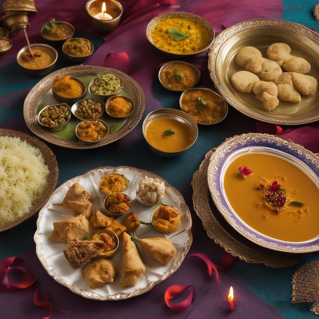 Празднование фестиваля Happy Diwali Food Served On A Table создано ai