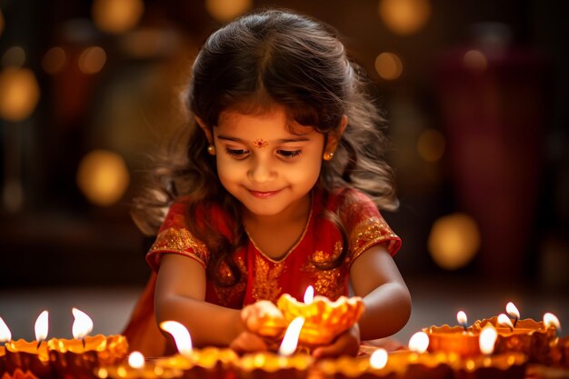 happy diwali greeting card showing indian beautiful Girl holding a diya or Terracotta Oil Lamp over