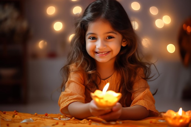 happy diwali greeting card showing indian beautiful Girl holding a diya or Terracotta Oil Lamp over