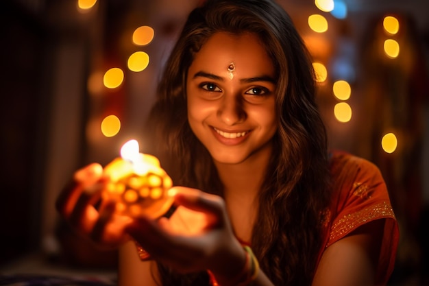happy diwali greeting card showing indian beautiful Girl holding a diya or Terracotta Oil Lamp over