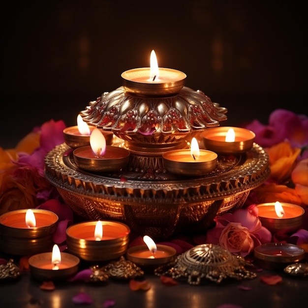 Happy Diwali greetingsDiwali Celebration Rangoli decoration with Diya or Lit Oil Lamps