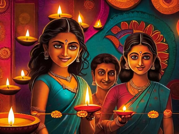 Индуистский фестиваль Happy Diwali, современный дизайн в стиле вырезки из бумаги с масляными лампами на красочных волнах и