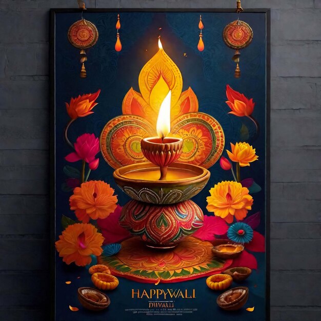 Happy Diwali Hindu festival modern ontwerp in papierstijl met olielampen op kleurrijke golven