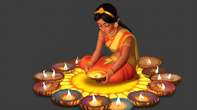 Happy Diwali Hindu Indian women lightening diya on diwali Generative ai