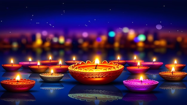 Happy Diwali Illumination Oil Lamps Diya on Dark Magenta Flare Background