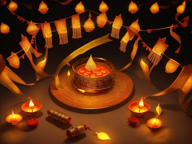 Photo happy diwali indian festival diwali background with candles diwali lanterns realistic background w