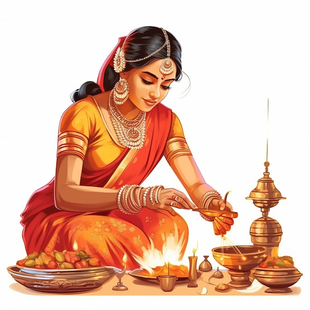 Happy Diwali Indian woman with lighting Lamp or Diya generative ai