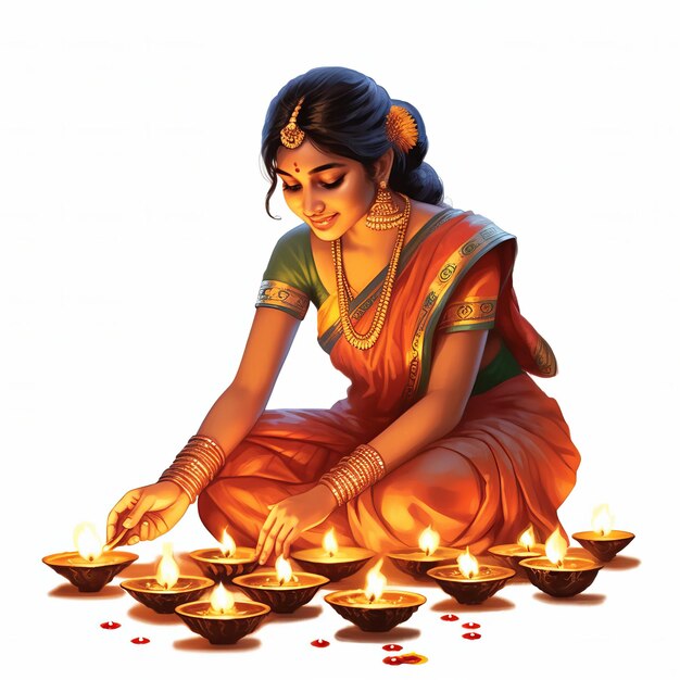 Foto felice diwali donna indiana con lampada di illuminazione o diya generative ai