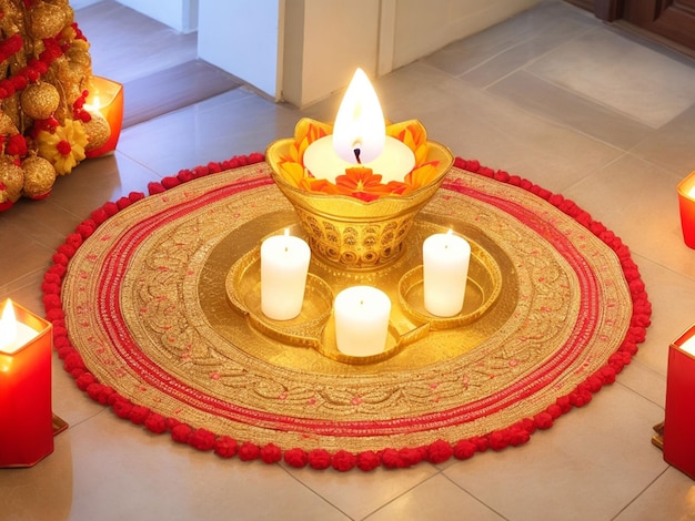 Happy diwali interior of house decorated with lights and candle
