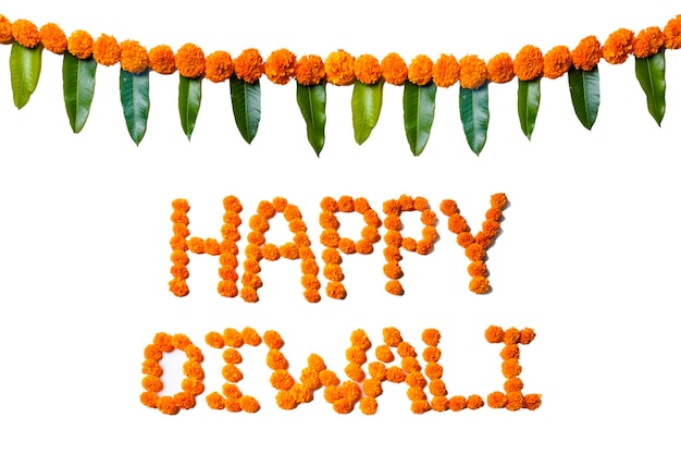 Happy diwali,making from marigold flower on white background.