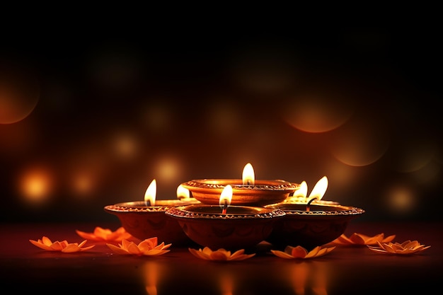 Happy Diwali oil lamp on bokeh background blank wallpaper