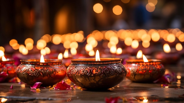 happy Diwali oil lamp on Indian streets festival of lights and decoration