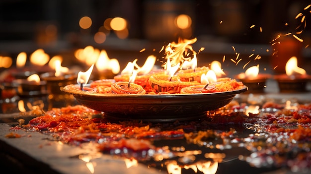 happy Diwali oil lamp on Indian streets festival of lights and decoration