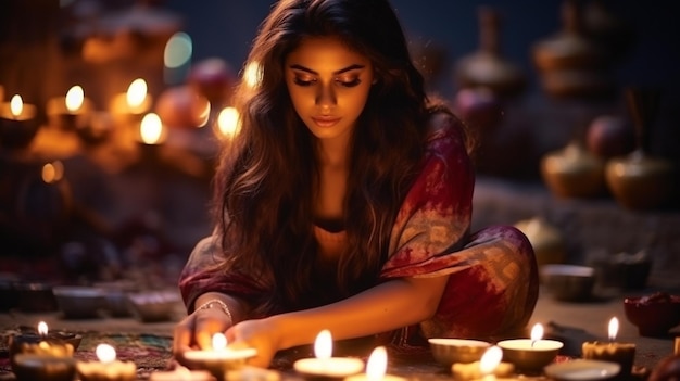 Happy Diwali photo of Indian women lights up a candle