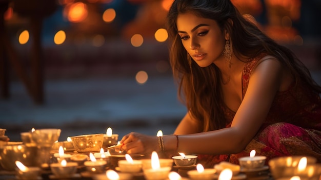 Happy Diwali photo of Indian women lights up a candle