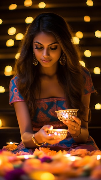 Photo happy diwali photo of indian women lights up a candle