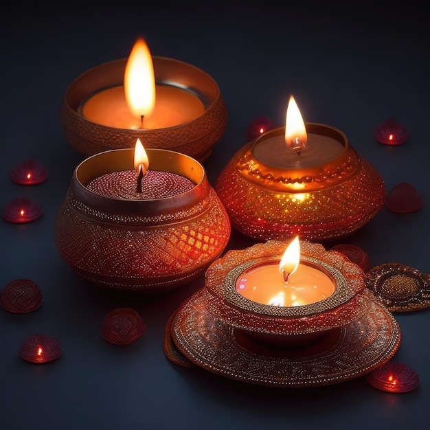 Happy Diwali poster or banner design with illuminated oil lamps