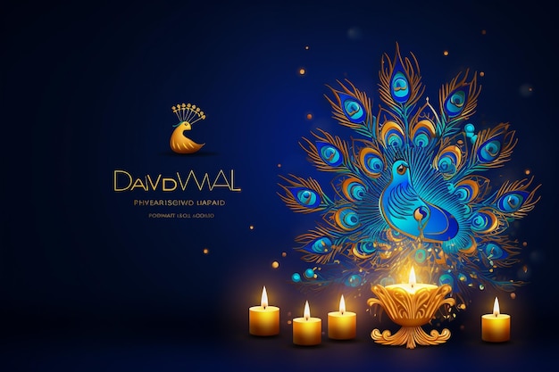 Happy Diwali Poster with Diya Lamp and Peacock