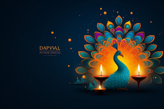 Плакат счастливого Дивали с лампой Дия и павлином