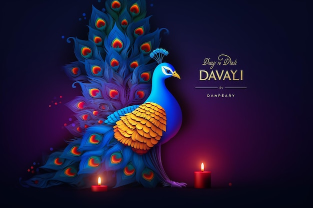 Happy Diwali Poster with Diya Lamp and Peacock