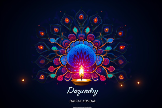 Happy Diwali Poster with Diya Lamp and Peacock