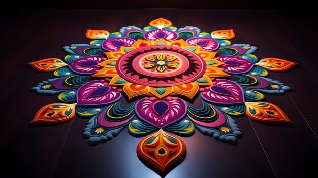 Счастливый дизайн Дивали Ранголи, украшенный яркими цветами и замысловатыми узорами.