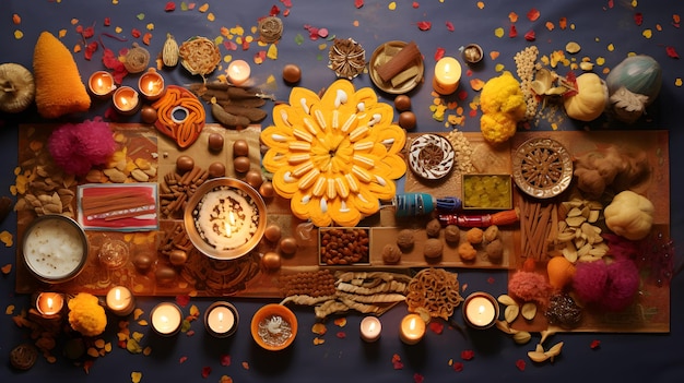 Happy Diwali verschillende Diwali elementen zoals diyas snoep en geschenken