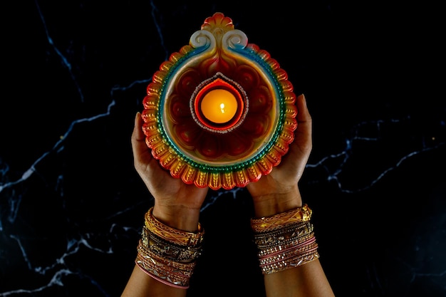 Diwali felice - mani della donna con la candela accesa della tenuta dell'henné isolata su fondo scuro. le lampade di clay diya si sono accese durante dipavali, festa indù della celebrazione delle luci. copia spazio per il testo.