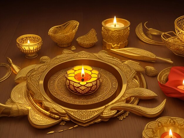 Photo happy diwalidiwali holiday abstract shiny background with diya lamps and rangoli 3d illustation